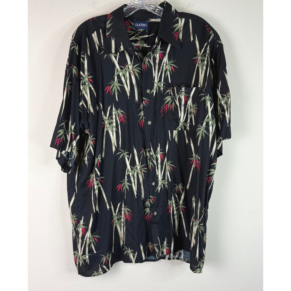 Puritan Button Down Mens XL Bamboo Print Short Sleeve Tropical Black Shirt